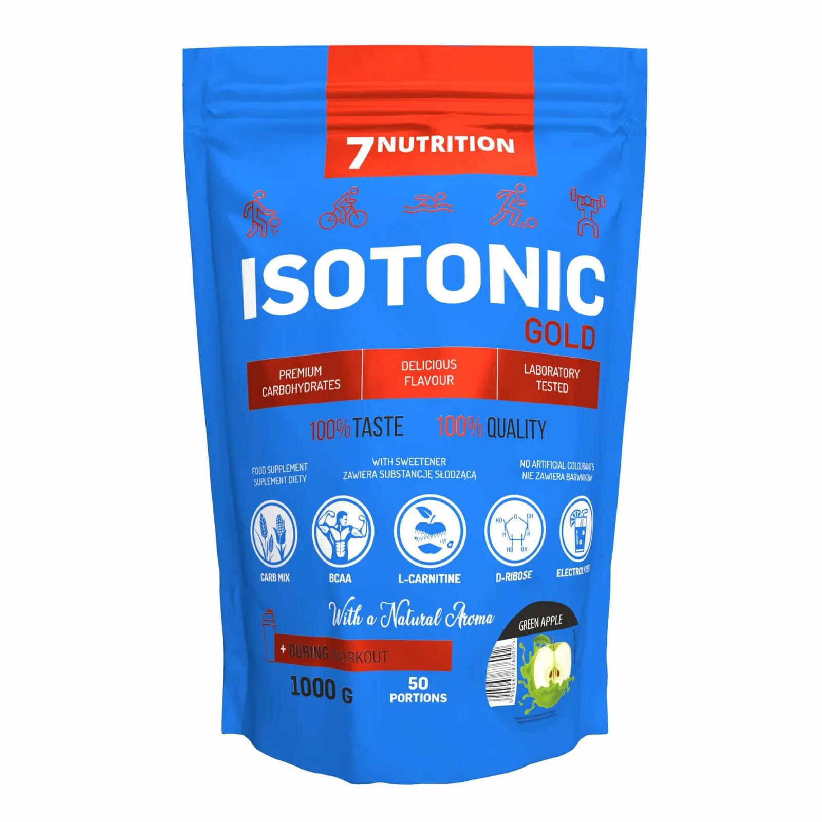 7Nutrition - ISOTONIC Gold 1000 g преден изглед на опаковката с информация за съставките