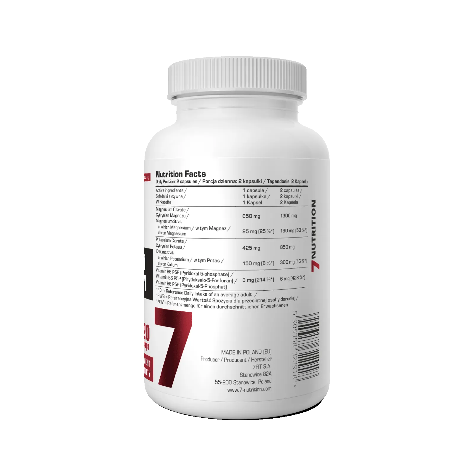 7Nutrition - MAGNESIUM + POTASSIUM - 120 vege caps етикет с информация за състава