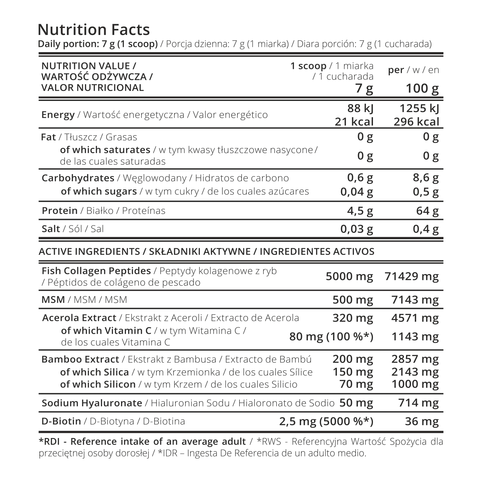 7Nutrition - MARINE COLLAGEN 315 g хранителна таблица с активни съставки