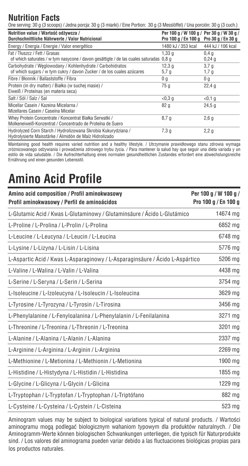 7Nutrition - Micellar Casein 100% 1000g детайлна хранителна информация