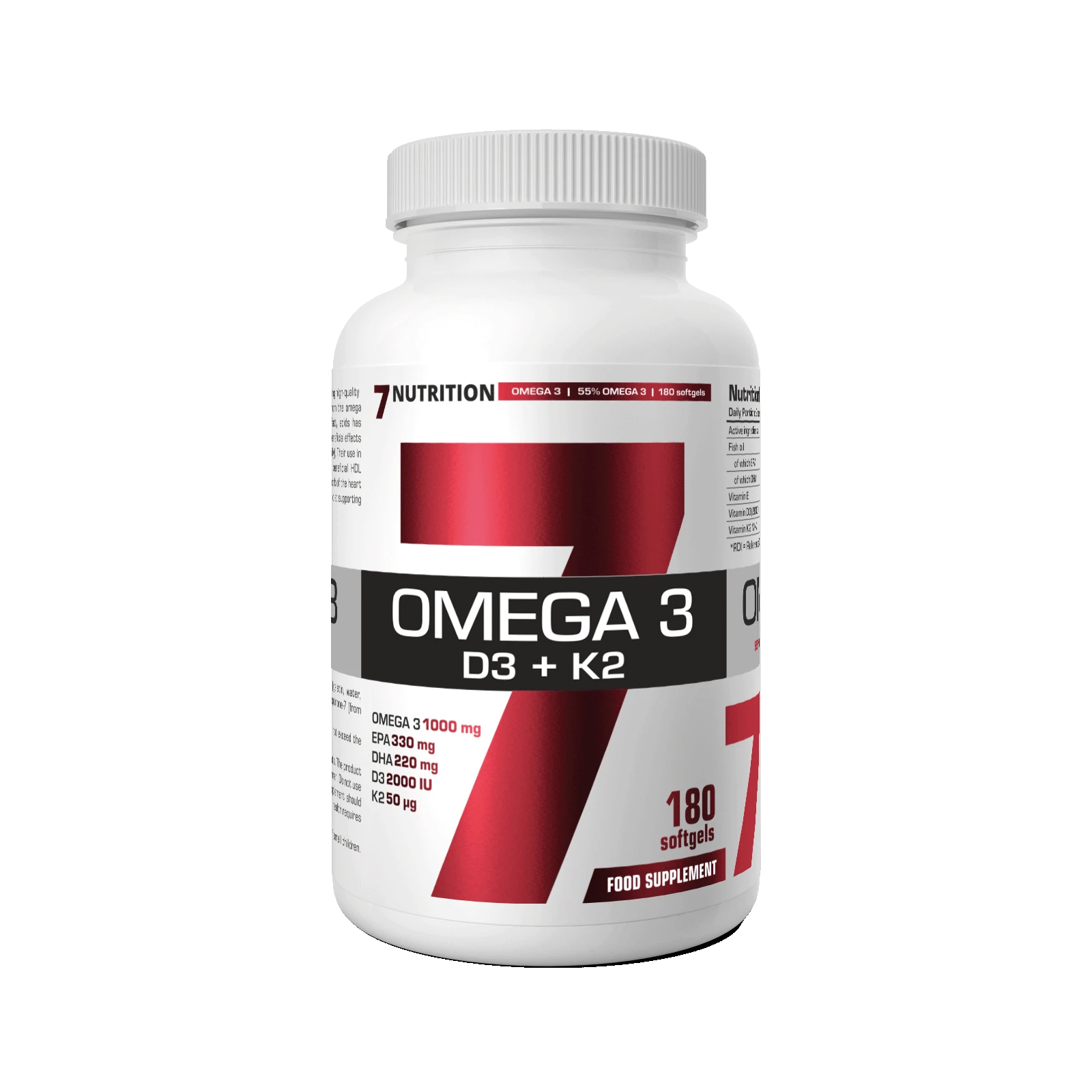 7Nutrition - OMEGA 3 D3 + K2 - 180 softgels опаковка заден изглед