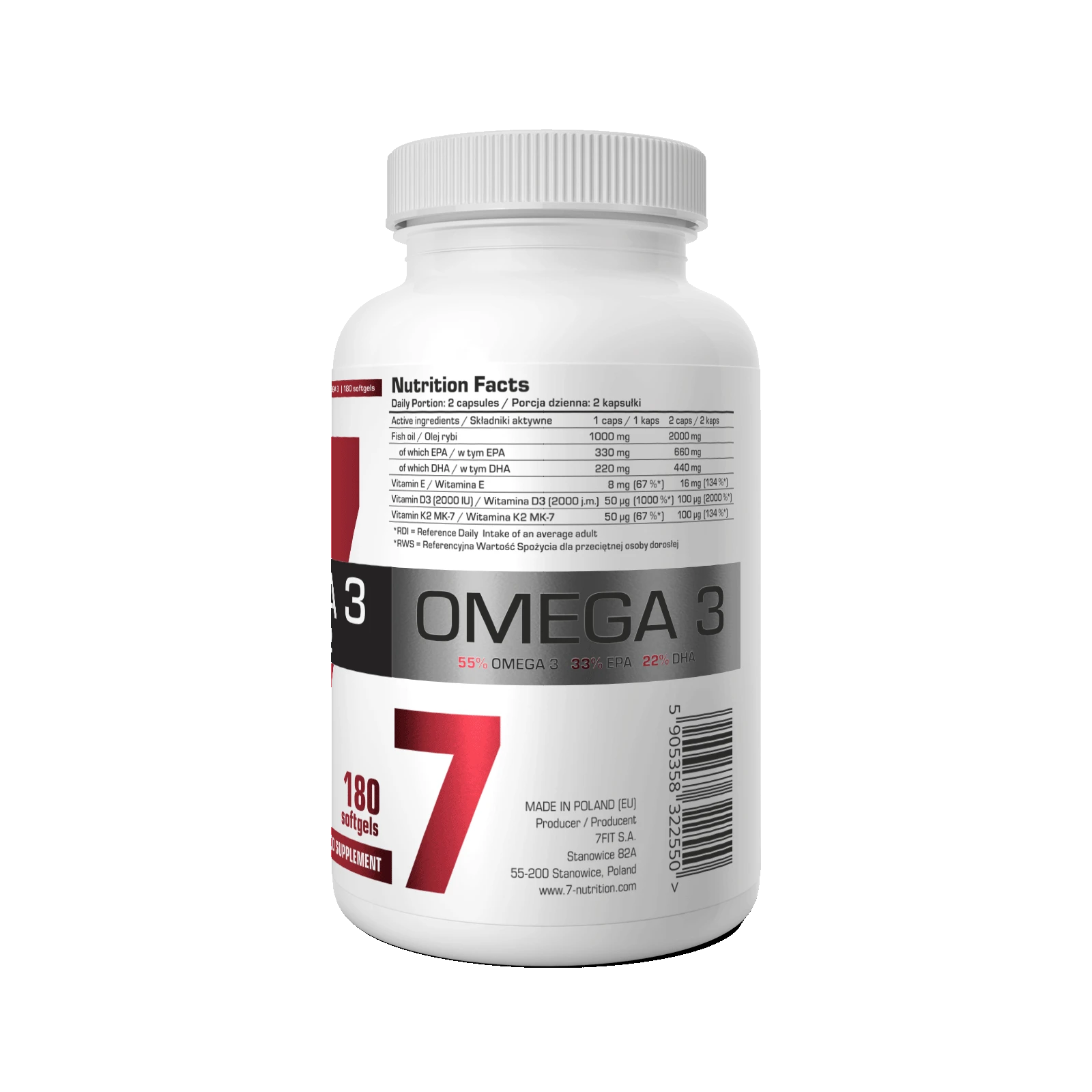 7Nutrition - OMEGA 3 D3 + K2 - 180 softgels хранителна таблица
