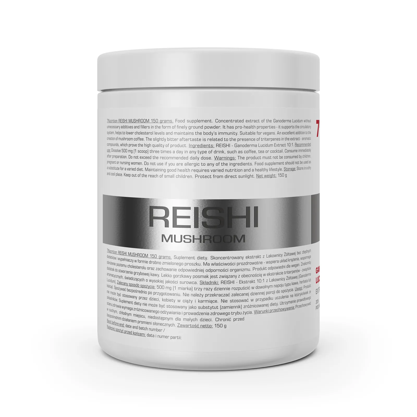 7Nutrition - REISHI MUSHROOM 150g изглед отстрани с информация за продукта
