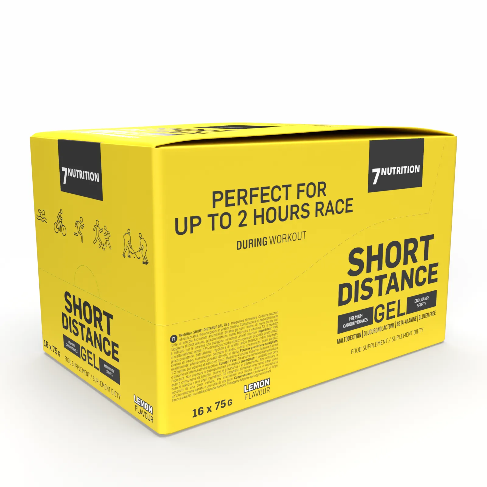 7Nutrition - SHORT DISTANCE GEL BOX 16 x 75G страничен изглед на кутията с етикет