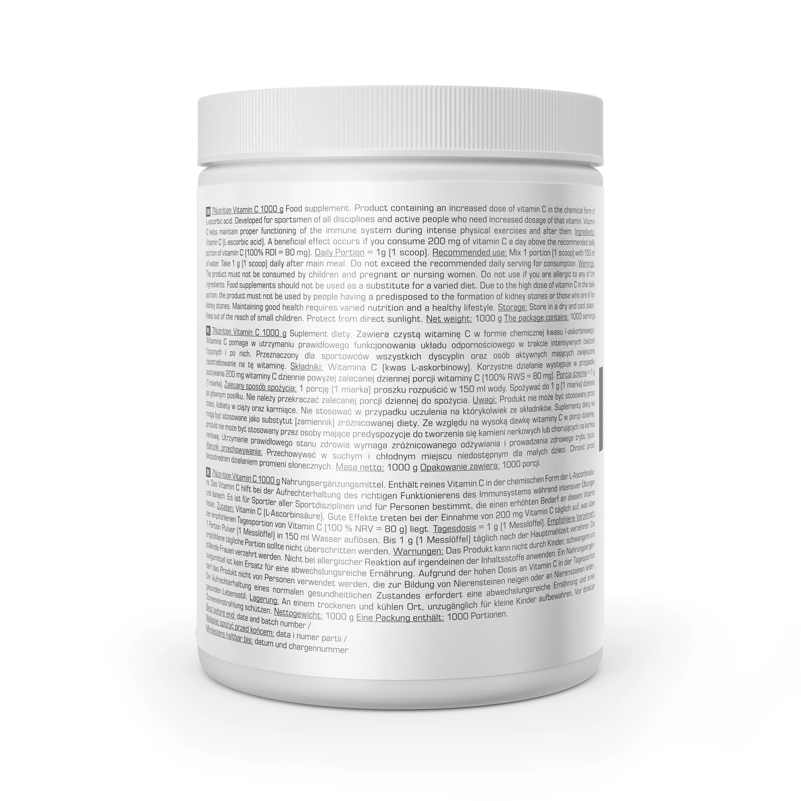 7Nutrition - VITAMIN C PURE 1000 g задния етикет с информация