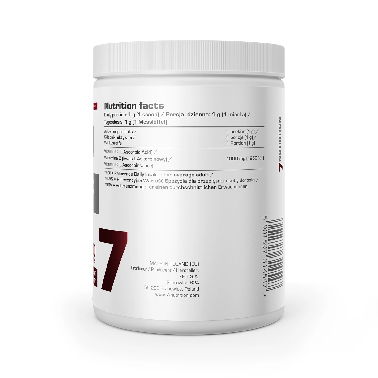 7Nutrition - VITAMIN C PURE 1000 g хранителна таблица и баркод