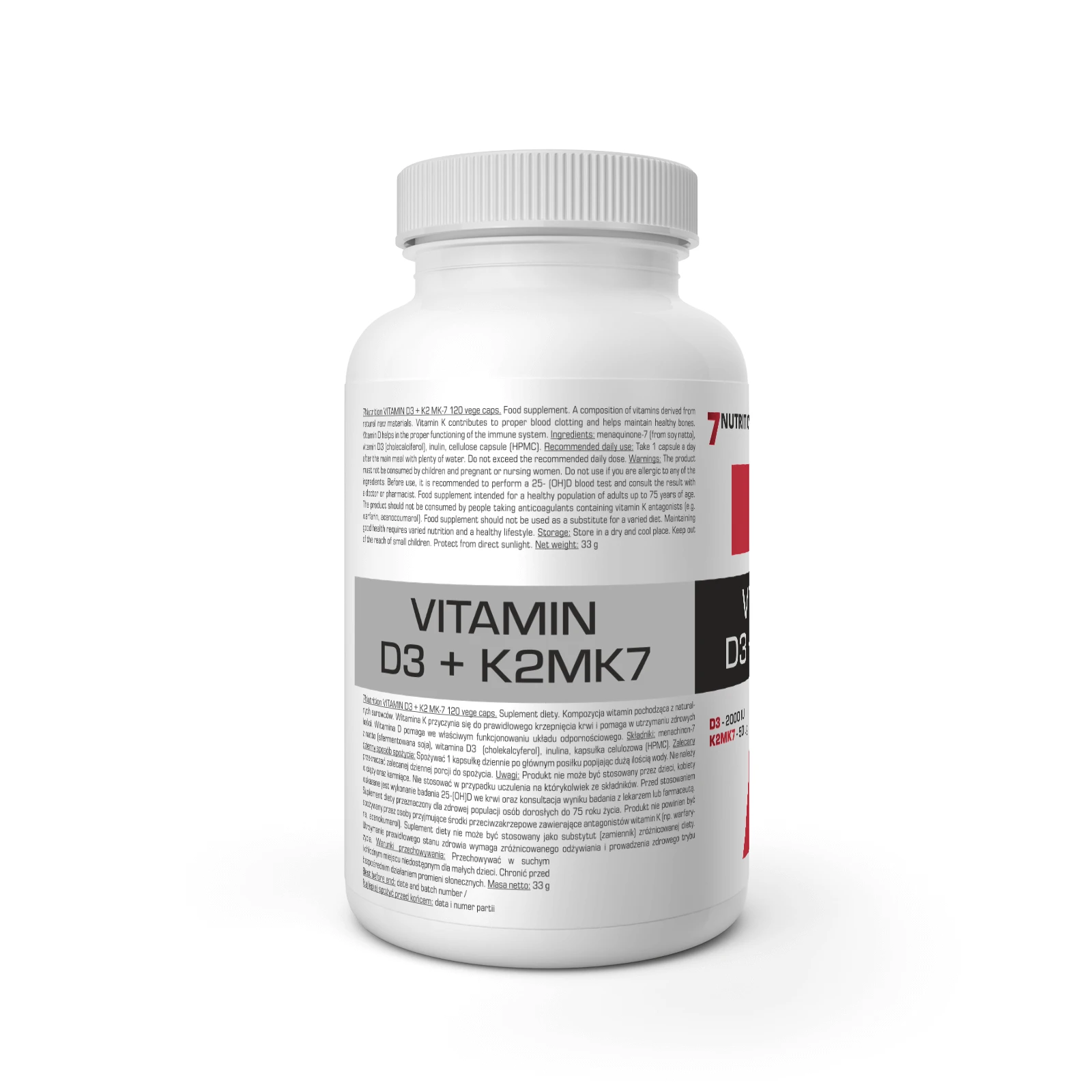 7Nutrition - VITAMIN D3+K2MK7 120 vege caps детайл от опаковката с брой капсули