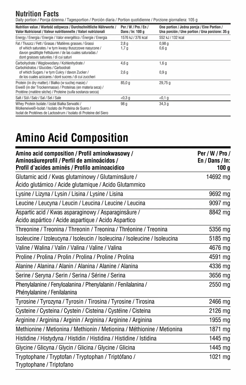 7Nutrition - Whey Isolate 90 500g хранителна таблица и аминокиселинни профили