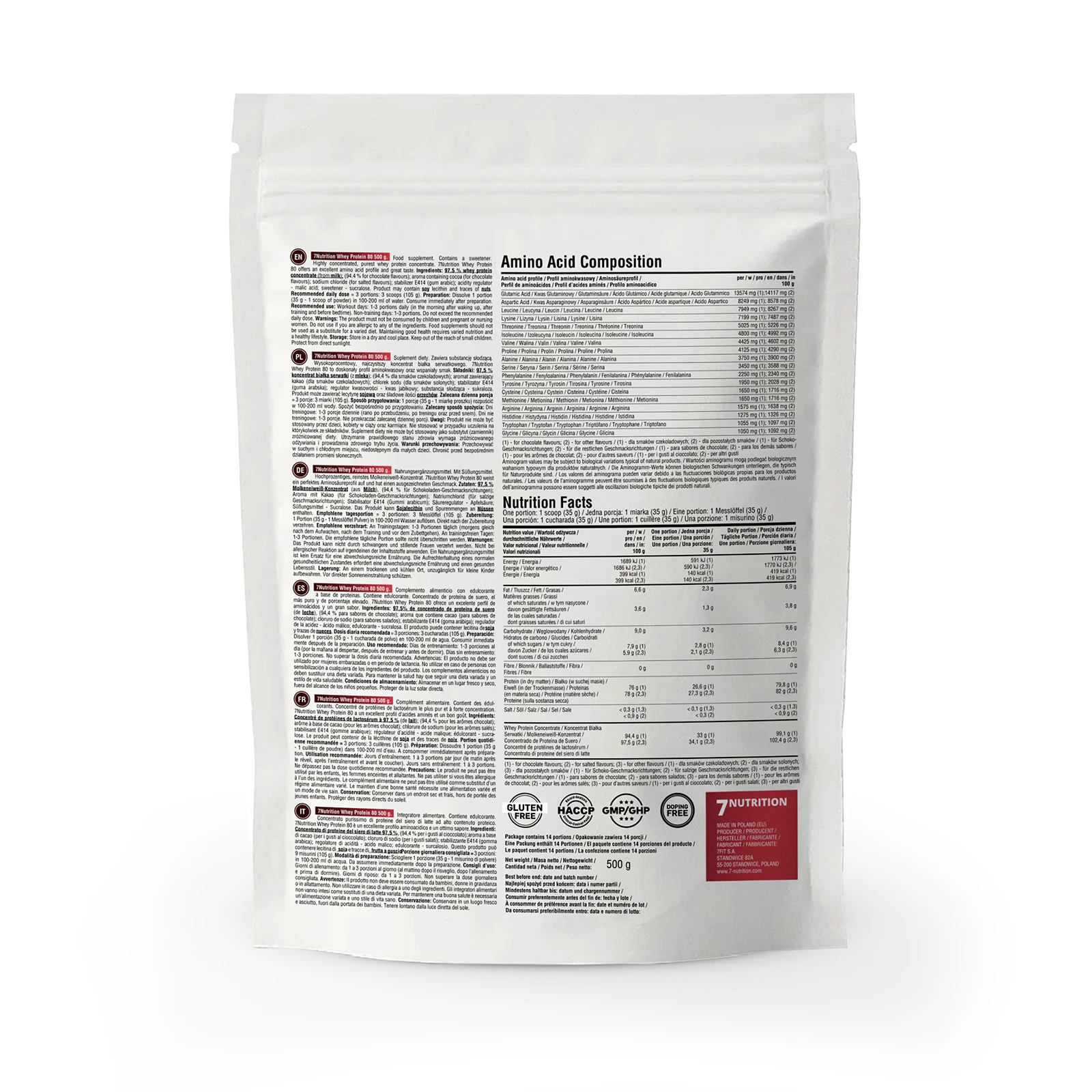7Nutrition - Whey Protein 80 500g гръбна опаковка с хранителни факти
